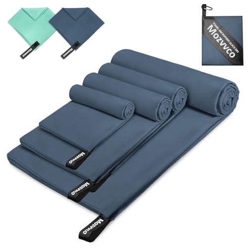 Mozvvco 4er Microfaser Handtuch Set, 200x100cm Groß Badetuch Mikrofaser+2er 80x40cm Sport Handtuch+40x30cm Reisehandtuch, Schnelltrocknendes Handtücher für Gym Schwimm Wander - Marineblau von Mozvvco