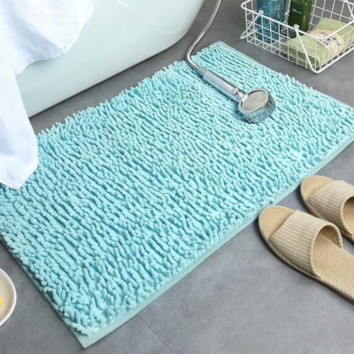 Chenille-Badematte, extra dick, flauschig, saugfähig, rutschfeste Unterseite, Anti-Schimmel-Design, maschinenwaschbar, schnell trocknend, Badteppich für Duschboden (Aqua, 90 x 60 cm) von Mozzeilee