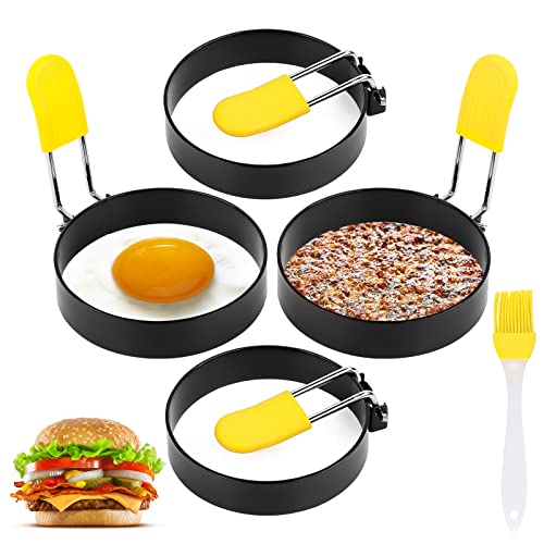 Spiegeleiform für Bratpfanne, 4 Stück Pancake Form Egg Ring, Rund Spiegelei Schimmel, Spiegeleiform Edelstahl Ei Ring, Antihaft Pfannkuchenform mit Klappgriffen und Ölpinsel von MplehDa