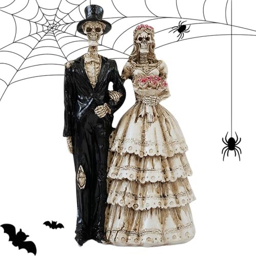Mppchhn Halloween-Deko Skelett-Paar - Harz Schreibtisch Paar Skulptur Dekoration | Vielseitige Halloween Gotische Deko Brautpaar Statue Für Wohnzimmer Büro Küche von Mppchhn