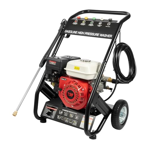 Mqwdxzfes 7.5PS Benzin Hochdruckreiniger 2200PSI, 2.3GPM 4-Takt Mobiler Reiniger mit 5-in-1 Düsen + 8m Schlauch, Einzylinder Luftgekühlt Pressure Washer, Manuell Flächenreiniger für Hof/Auto/Dach von Mqwdxzfes