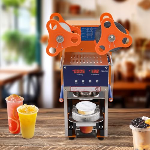 Mqwdxzfes Automatische Bubble Tea Bechersiegelmaschine, 400W Elektrische Kommerzieller Getränkebecherversiegler mit Display, Cup Sealing Machine, Versiegelungsmaschine für Bubble Tea Cafés, 0-250°C von Mqwdxzfes