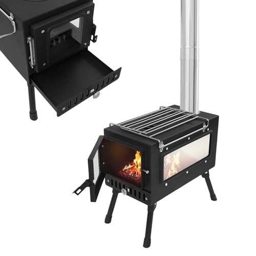 Mqwdxzfes Tragbarer Zeltofen, Holzofen Campingkocher mit 5 Abschnitten Schornsteinrohren & Glasfenster, Outdoor Freistehend Heizkochherd für Zelt Camping Jagd Eisfischen, 40kg Belastbarkeit von Mqwdxzfes