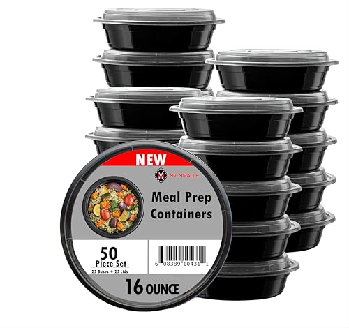 Runde Lebensmittelbehälter mit Deckel, wiederverwendbar, 473 ml, mikrowellen-, spülmaschinen- und gefriergeeignet, BPA-freie, stapelbare Lunch-Behälter, 25 Stück von Mr Miracle