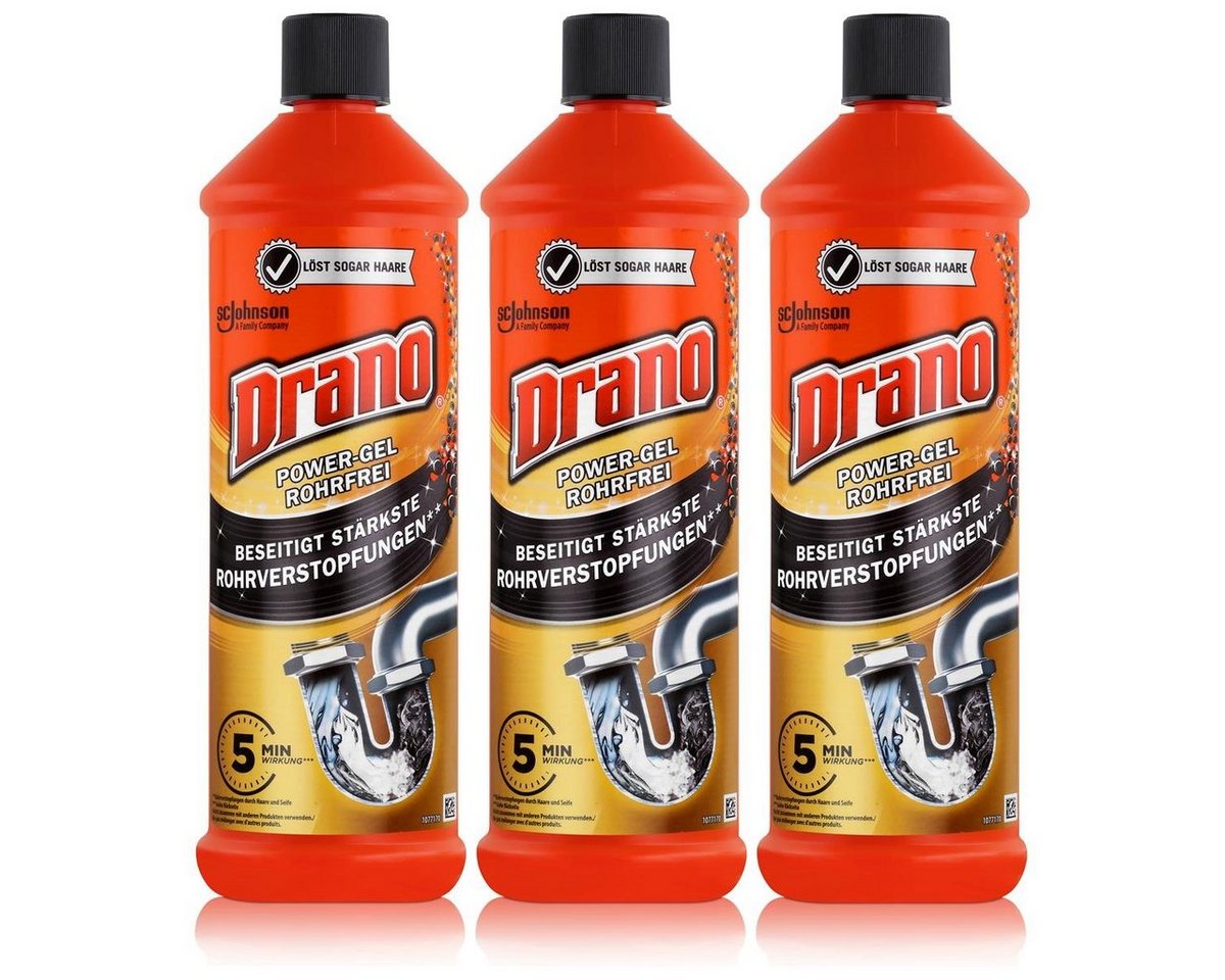 Mr Muscle Drano Power-Gel Rohrfrei 1 Liter - Löst sogar Haare (3er Pack) Rohrreiniger von Mr Muscle