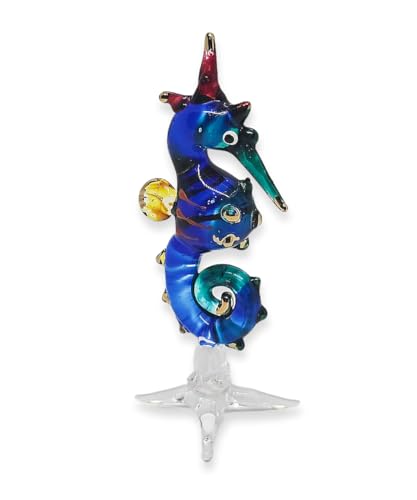 Mr_air_thai_Glass_Blown Winzige 6,3 cm hohe blau-gelbe Seepferdchen-Figur – Miniatur-mundgeblasenes Glas-Tier, mehrfarbig, Seepferdchen, bunt, Meereslebewesen, Kristall, dekorative Sammlerfiguren, von Mr_air_thai_Glass_Blown