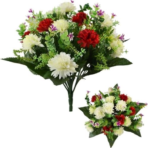 Mr. Barry's Handmade Große, gemischte Chrysanthemen-Busch-Grabblumen, 41 cm, künstliche Blumen, für den Innen- und Außenbereich, Gedenkstätte, Hochzeit, Heimdekoration (rot, grün und elfenbeinfarben) von Mr. Barry's Handmade