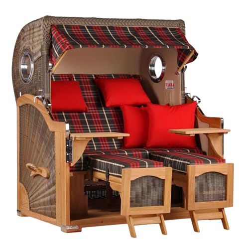 Strandkorb Teakholz Volllieger Strandstuhl Liegestuhl PE Geflecht Grey Düne Grand XL TEAK Dessin 529 Bullauge inkl. 4 Kissen Wechselpolster Strandkörbe aus Teak Garten Wintergarten und Terrassen von MR. DEKO