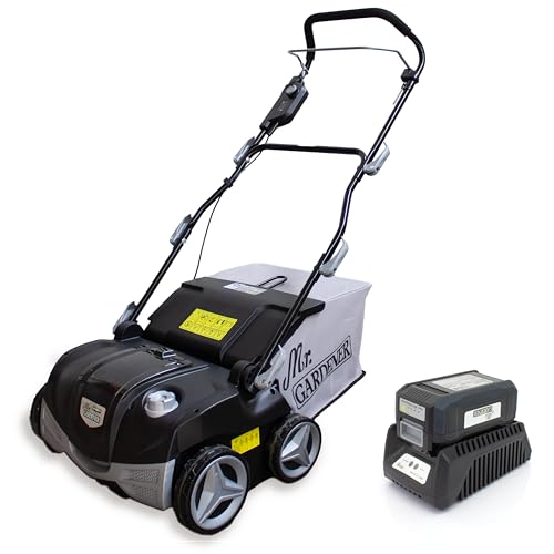 Mr. Gardener - 40V Akku Vertikutierer Rasenlüfter bürstenloser Motor "4038-2 Li" - inkl. 2,5 Ah Li-Ionen Akku und Ladegerät - 38 cm Arbeitsbreite - Messerwalze + Lüfterwalze - 5 Stufen Höhe von Mr. Gardener