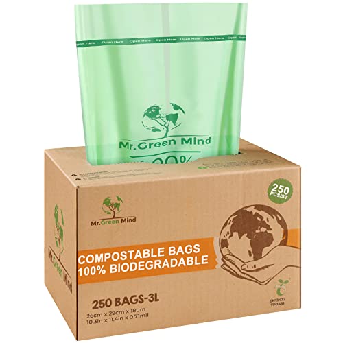 Mr. Green Mind Biobeutel 2/3 Liter 250 Stück Biologisch abbaubar Abfallbeutel - 26 x 29 cm - 100% kompostierbare Müllbeutel - Inkl. Spender - Gft Abfallbeutel von Mr. Green Mind