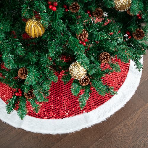 Mr. Pen Weihnachtsbaumrock – 121,9 cm, funkelnde rote Pailletten mit weißem Kunstfell von Mr. Pen