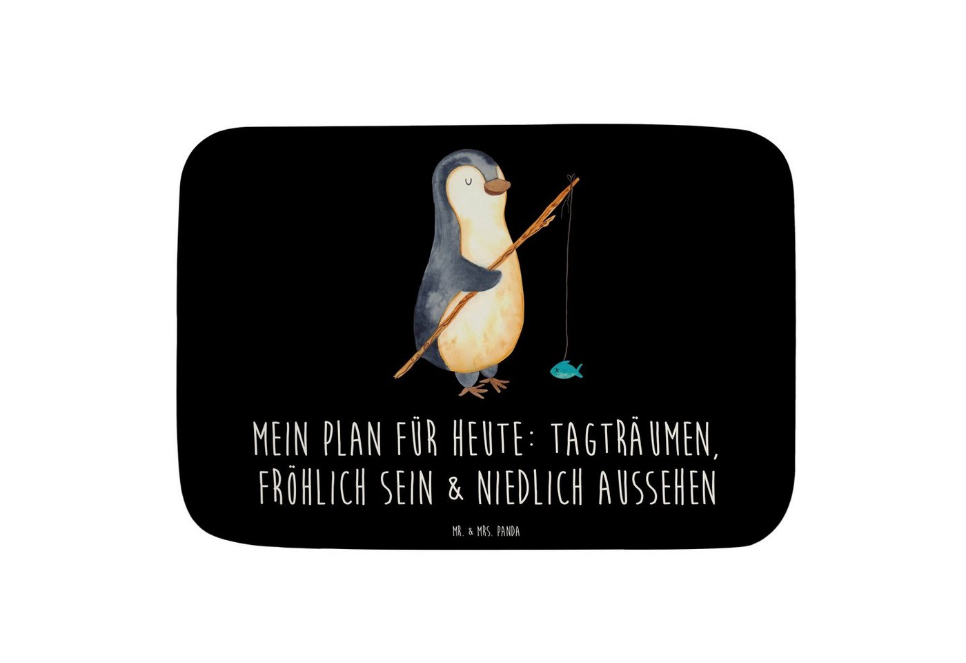 Badematte Pinguin Angler - Schwarz - Geschenk, Fischer, Tagesplan, Angel, Plan, Mr. & Mrs. Panda, Höhe 1 mm, 100% Polyester, rechteckig, Einzigartiges Design von Mr. & Mrs. Panda