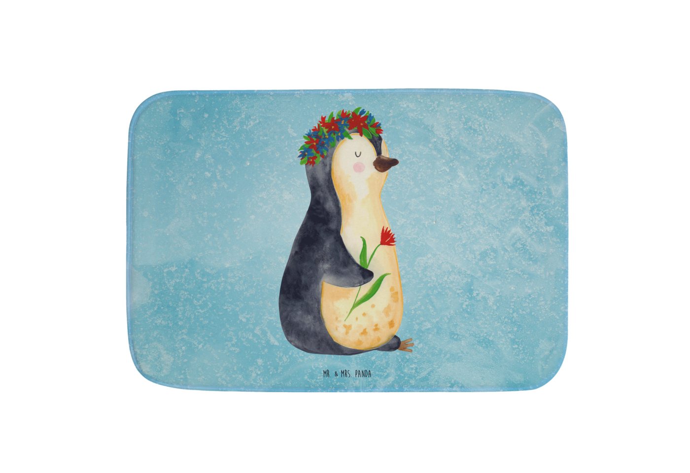 Badematte Pinguin Blumen - Eisblau - Geschenk, Leben, Universum, Duschmatte, wu Mr. & Mrs. Panda, Höhe 1 mm, 100% Polyester, rechteckig, Anti-Rutsch Sicherheit von Mr. & Mrs. Panda