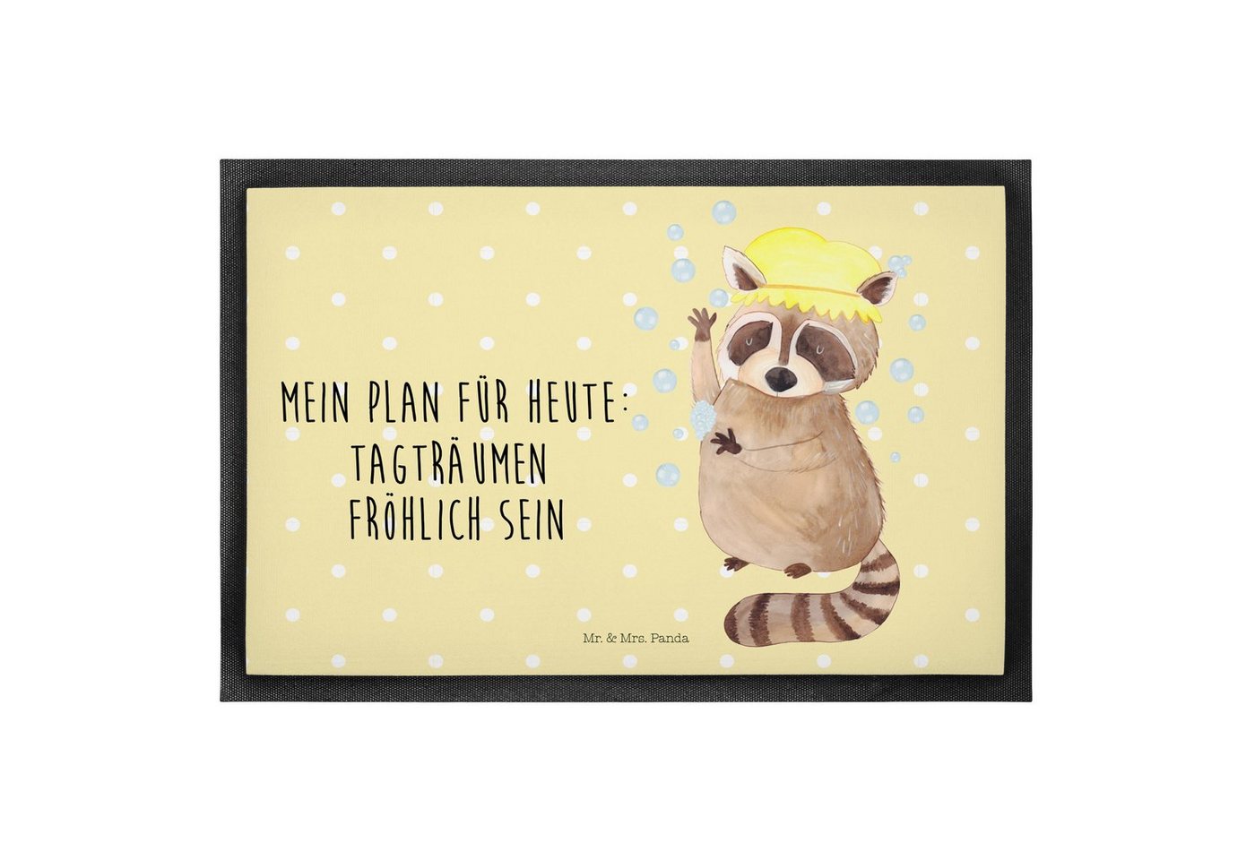 Fußmatte 60 x 90 cm Waschbär - Gelb Pastell - Geschenk, Schmutzmatte, Haustürm, Mr. & Mrs. Panda, Höhe: 0.3 mm, Gummirand und Design von Mr. & Mrs. Panda