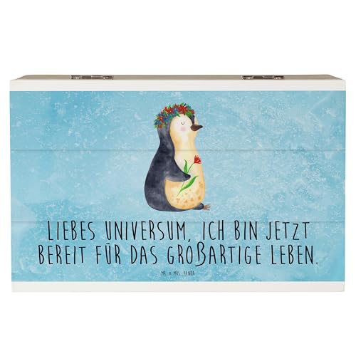 Mr. & Mrs. Panda 19 x 12 cm Holzkiste Pinguin Blumenkranz - Geschenk, Wünsche, Geschenkidee, Geschenkdose, XXL, Aufbewahrungsbox, Truhe, Universum, von Mr. & Mrs. Panda