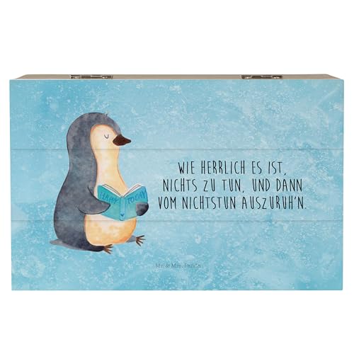 Mr. & Mrs. Panda 19 x 12 cm Holzkiste Pinguin Buch - Geschenk, Bücherwurm, Dekokiste, Ferien, Truhe, Freizeit, Nichtstun, entspannen, XXL, von Mr. & Mrs. Panda