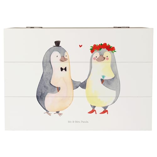 Mr. & Mrs. Panda 22 x 15 cm Holzkiste Pinguin Heirat - Geschenk, Heiratsantrag, Truhe, Hocheitstag, Mann, Bräutigam, Schatulle, verliebt, Dekokiste, von Mr. & Mrs. Panda