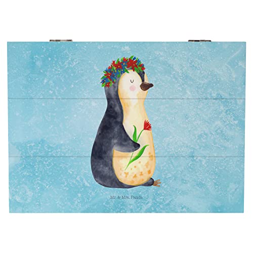Mr. & Mrs. Panda 25 x 18 cm Holzkiste Pinguin Blumenkranz - Geschenk, Selbstliebe, XXL, Geschenkidee, Geschenkbox, Wünsche, Erinnerungsbox, von Mr. & Mrs. Panda