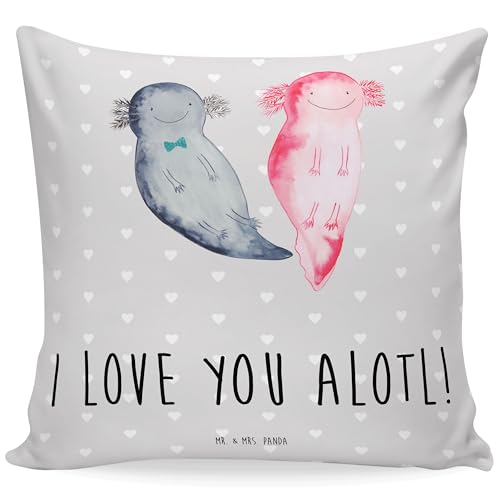 Mr. & Mrs. Panda 40x40 Kissen Axolotl Liebe - Geschenk, Kopfkissen, Jahrestag, Liebesgeschenk, für Männer, Verlobung, Freund, Dekokissen, Sofakissen, von Mr. & Mrs. Panda