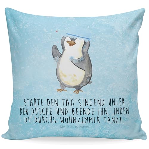 Mr. & Mrs. Panda 40x40 Kissen Pinguin Duschen - Geschenk, Kopfkissen, Lebensmotto, Motivation, Dekokissen, glücklich Sein, Kissenhülle, Motivkissen, von Mr. & Mrs. Panda