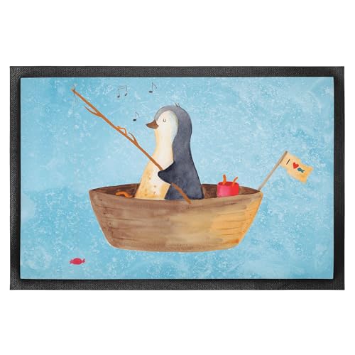 Mr. & Mrs. Panda 50 x 75 cm Fußmatte Pinguin Angelboot - Geschenk, genießen, Türvorleger, Türmatte, Trennung, Fußabstreifer, Angeln, von Mr. & Mrs. Panda