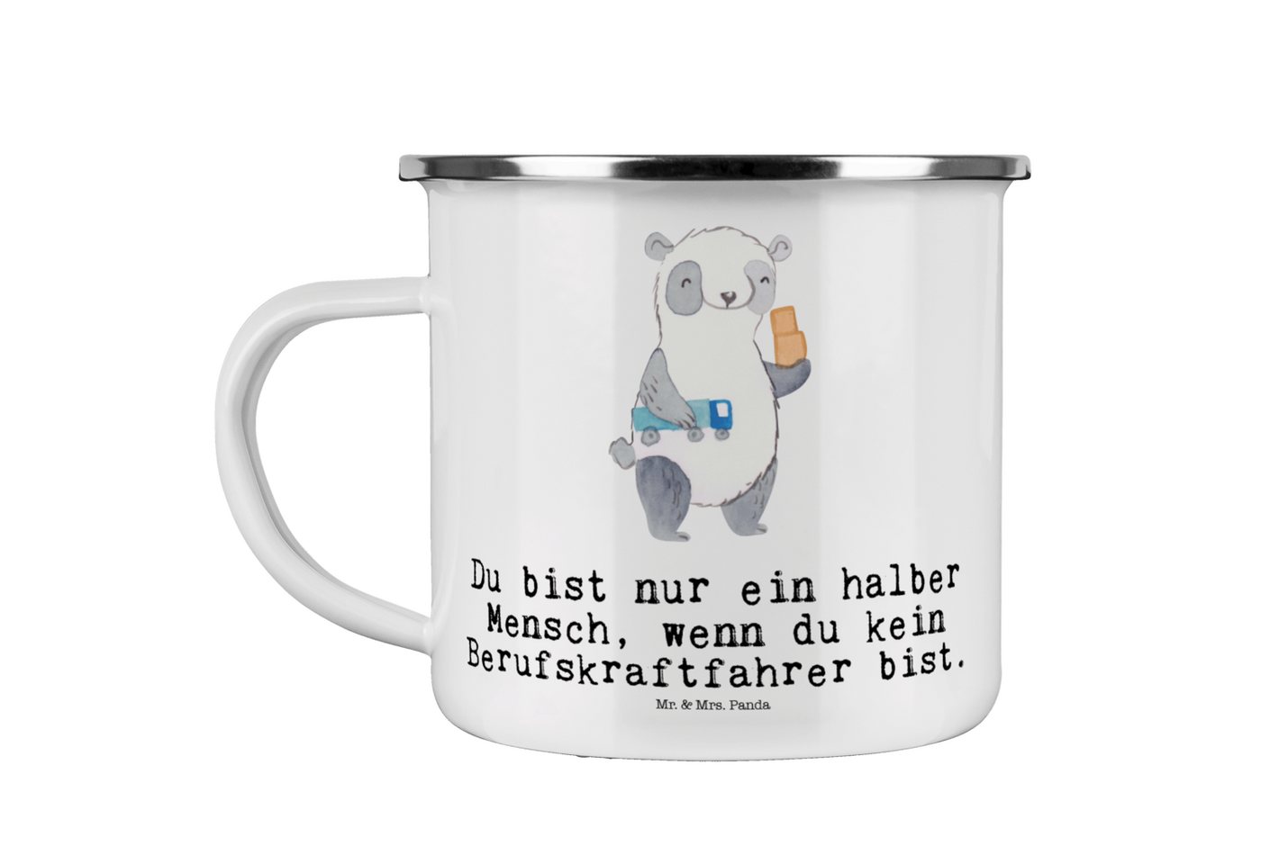 Mr. & Mrs. Panda Becher Berufskraftfahrer Herz - Weiß - Geschenk, Camping Tasse Metall, Blech, Emaille, Kratzfeste Emaille von Mr. & Mrs. Panda