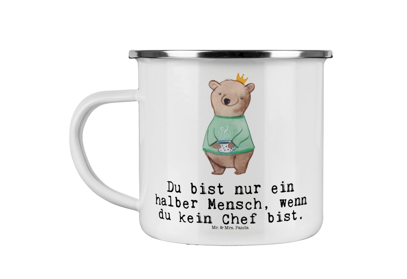 Mr. & Mrs. Panda Becher Chef Herz - Weiß - Geschenk, Camping Tasse Metall, CEO, Leiter, Mitar, Emaille, Liebevolles Design von Mr. & Mrs. Panda