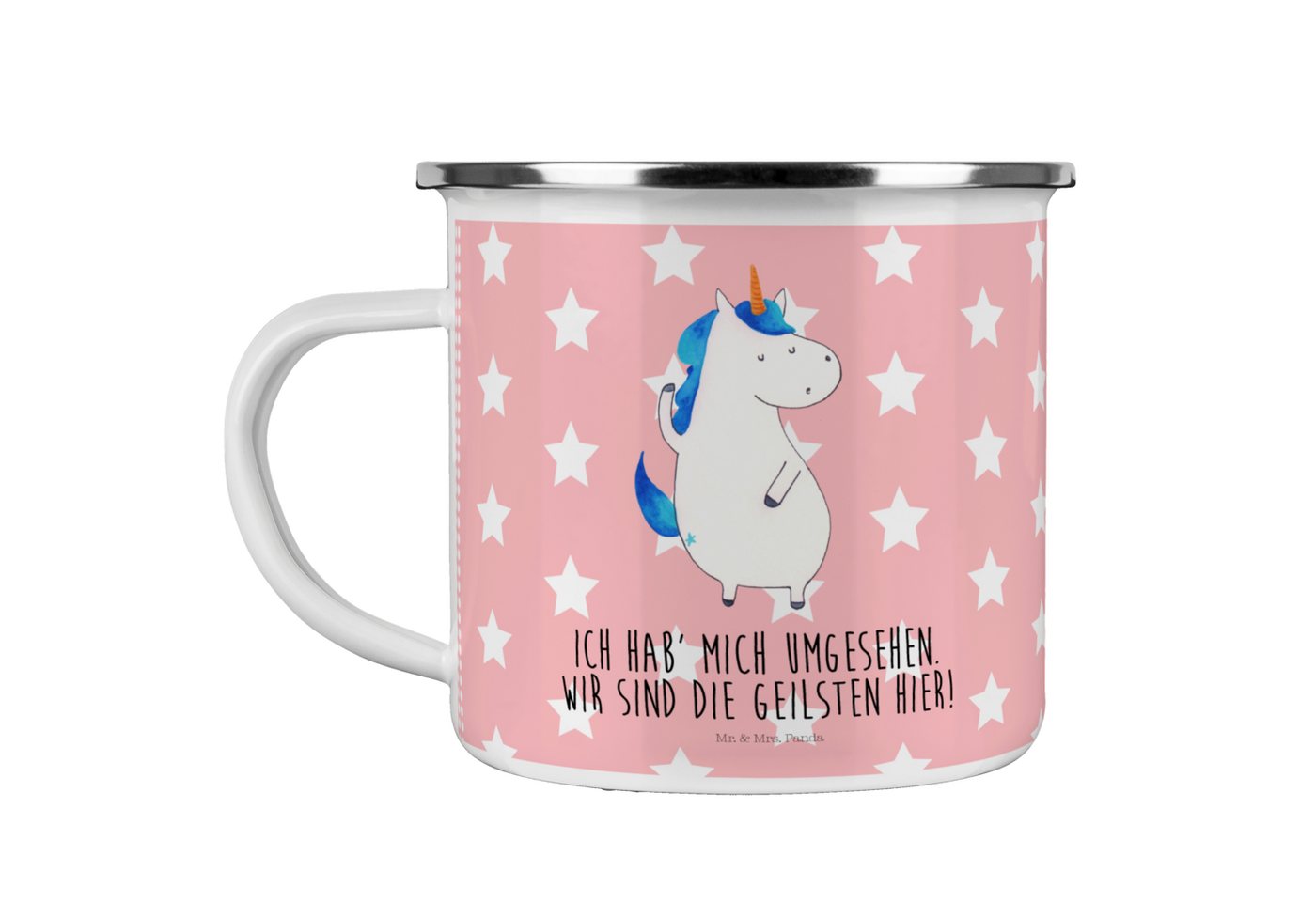 Mr. & Mrs. Panda Becher Einhorn Mann - Rot Pastell - Geschenk, Metalltasse, Einhörner, Kaffee, Emaille, Kratzfeste Emaille von Mr. & Mrs. Panda