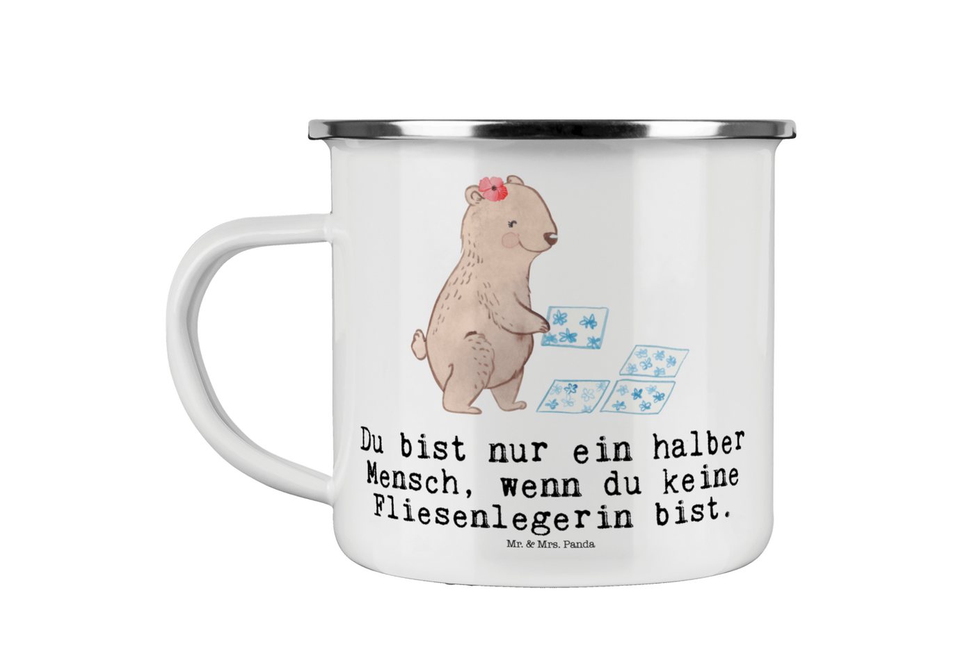 Mr. & Mrs. Panda Becher Fliesenlegerin Herz - Weiß - Geschenk, Emaille Campingbecher, Fliesen, Emaille, Kratzfeste Emaille von Mr. & Mrs. Panda