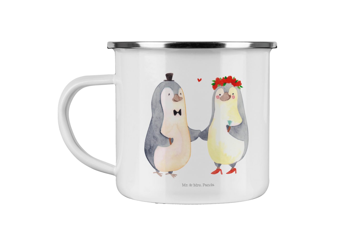 Mr. & Mrs. Panda Becher Pinguin Heirat - Weiß - Geschenk, Bräutigam, Edelstahl Trinkbecher, C, Emaille, Liebevolles Design von Mr. & Mrs. Panda