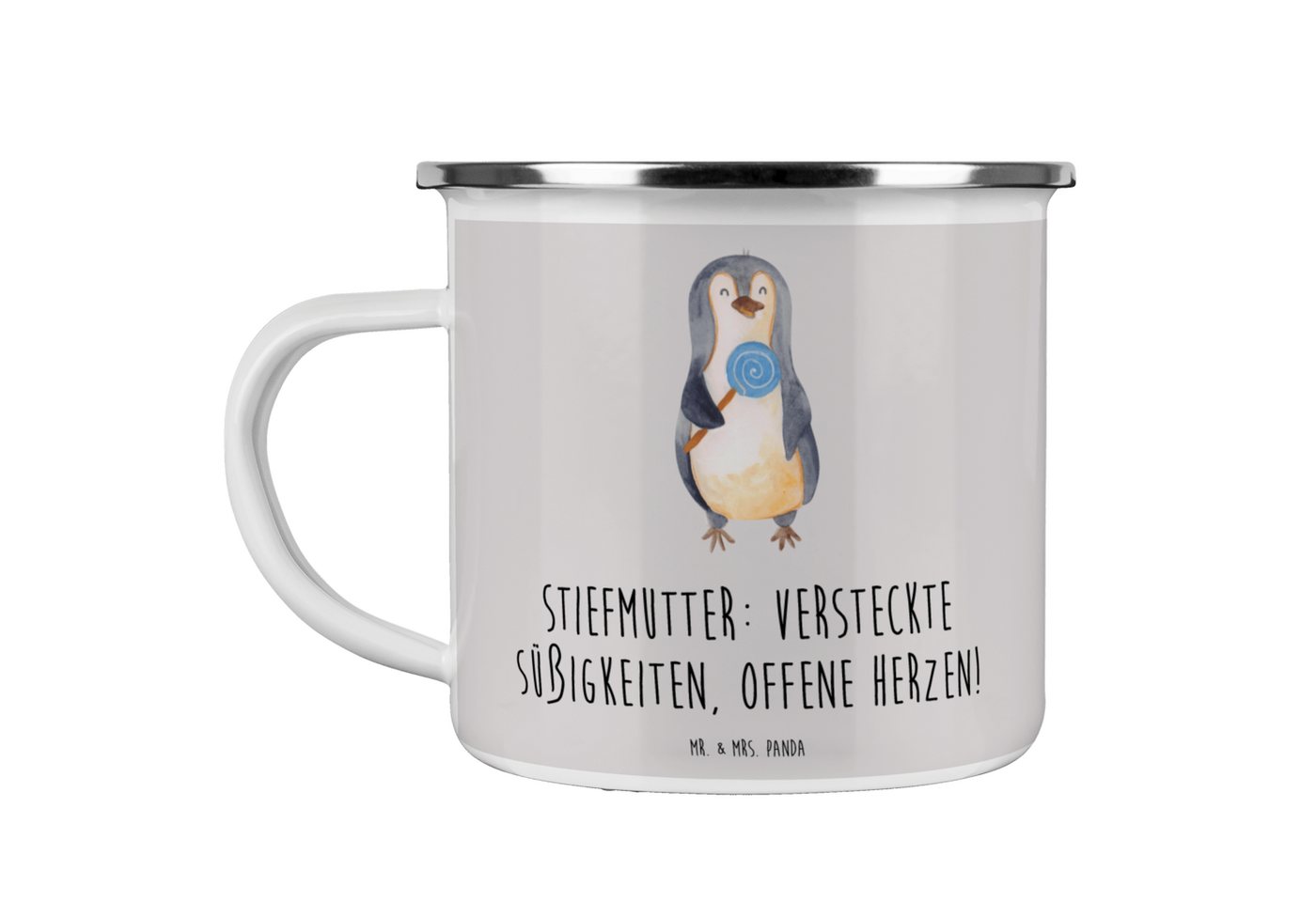 Mr. & Mrs. Panda Becher Stiefmutter Herzen - Grau Pastell - Geschenk, offene Herzen, Emaillet, Emaille von Mr. & Mrs. Panda