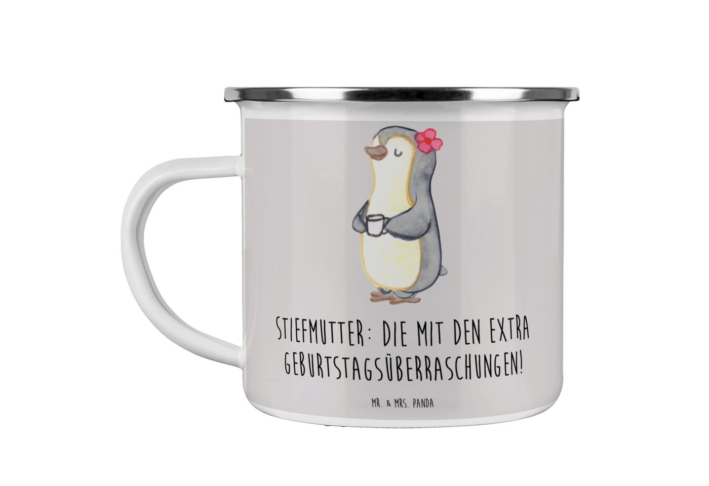 Mr. & Mrs. Panda Becher Stiefmutter Überraschungen - Grau Pastell - Geschenk, liebevolle Stie, Emaille von Mr. & Mrs. Panda