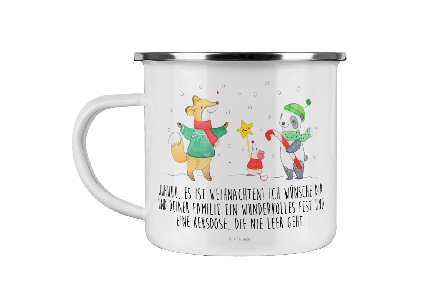 Mr. & Mrs. Panda Becher Winter Weihnachtsfreude - Weiß - Geschenk, Wintermotiv, Campingtasse, Emaille, Liebevolles Design von Mr. & Mrs. Panda