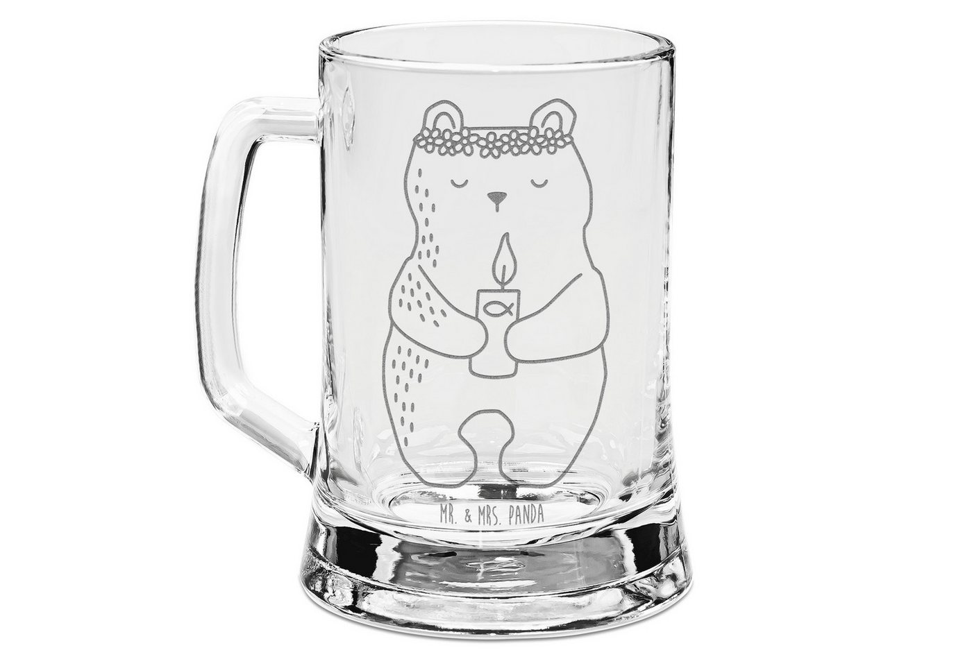 Mr. & Mrs. Panda Bierkrug Bär Kommunion, Gravur Bierkrug, Transparent, Gottes Segen, Bierkrug, Premium Glas von Mr. & Mrs. Panda