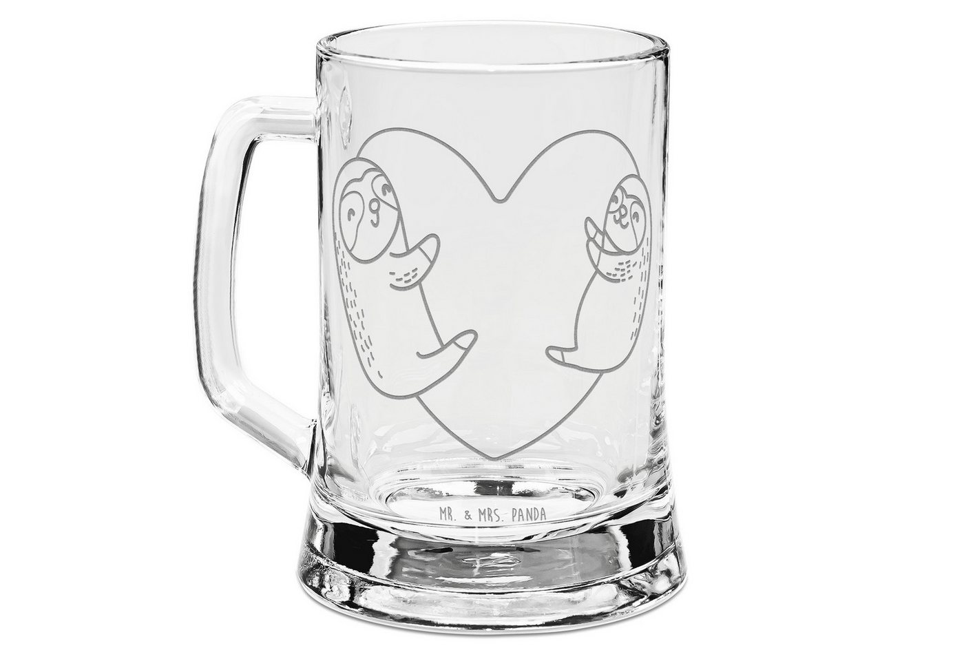 Mr. & Mrs. Panda Bierkrug Faultiere Herz - Transparent - Geschenk, Bierkrug, Ehefrau, für Männe, Premium Glas, Lasergravur von Mr. & Mrs. Panda