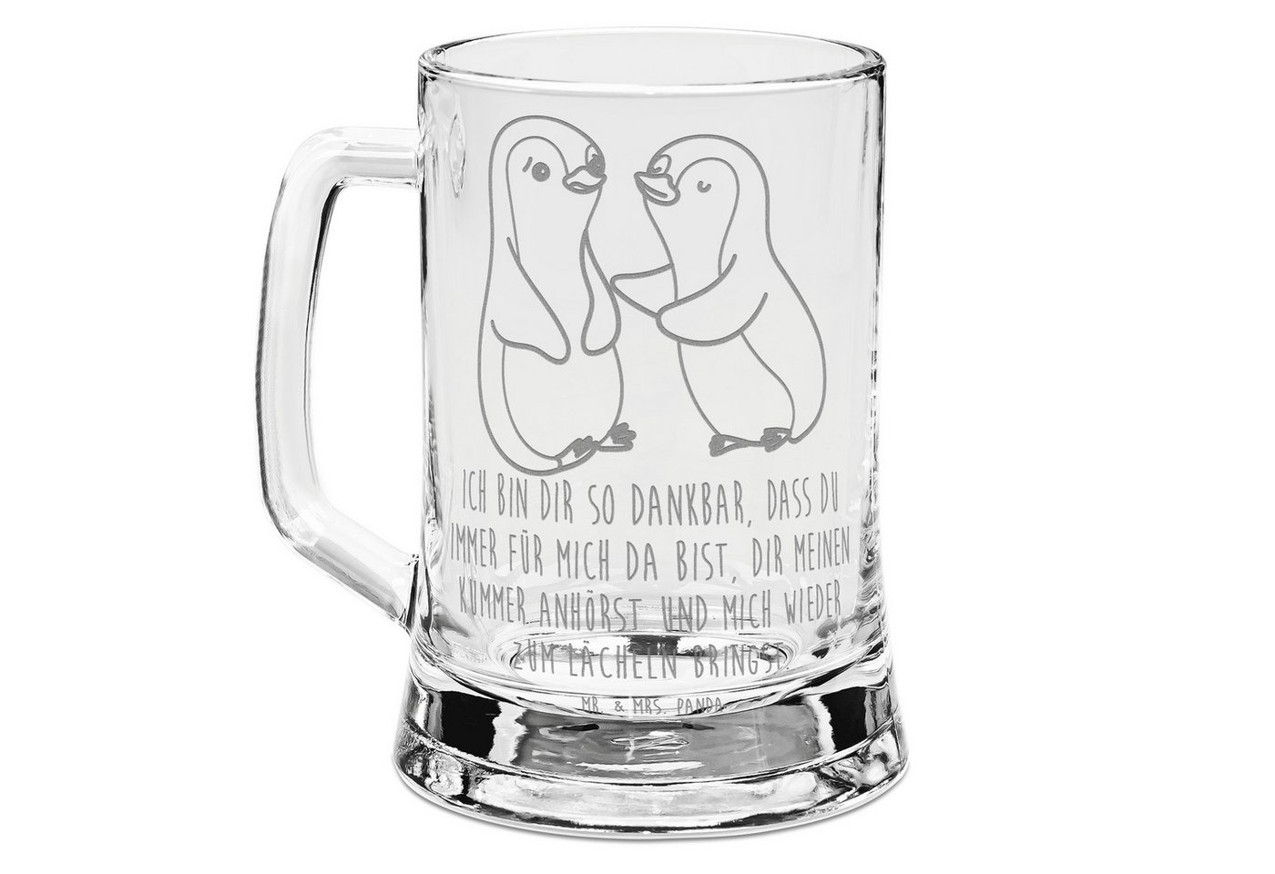 Mr. & Mrs. Panda Bierkrug Pinguine trösten - Transparent - Geschenk, Jahrestag, Vatertag, Verlo, Premium Glas, Lasergravur von Mr. & Mrs. Panda