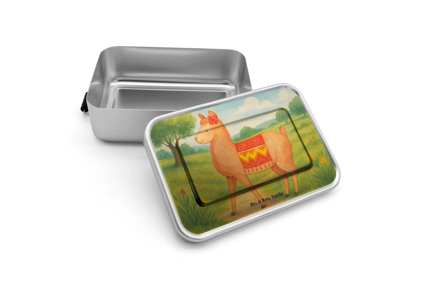 Mr. & Mrs. Panda Butterdose Alpaka Stolz Design - Weiß - Geschenk, Brotbox, Brotdose, Lama, Premium Aluminium, (Packung, 1-tlg., Alpaka stolz), Praktischer Doppelverschluss von Mr. & Mrs. Panda