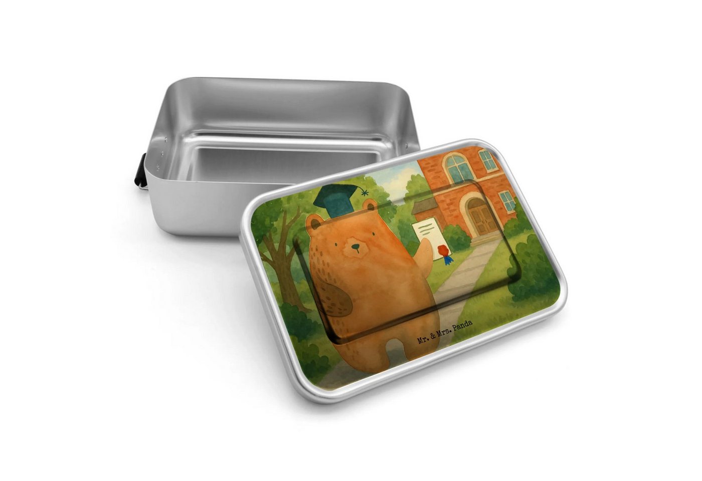 Mr. & Mrs. Panda Butterdose Bär Prüfung Design - Weiß - Geschenk, Abitur, Brotbox, Prüfungen, Ted, Premium Aluminium, (Packung, 1-tlg., Prüfungsbär), Einzigartige Illustrationen von Mr. & Mrs. Panda