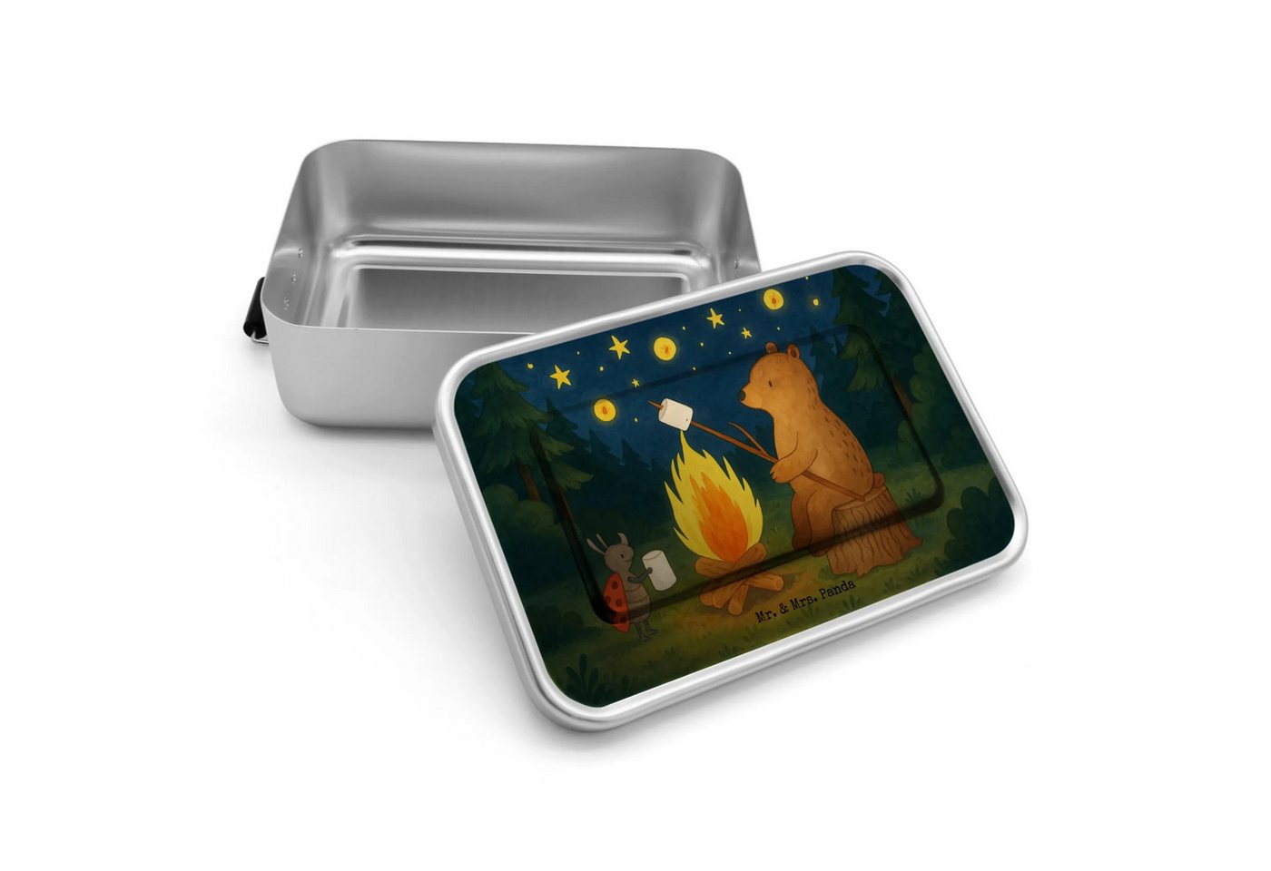 Mr. & Mrs. Panda Butterdose Bär & Marienkäfer Lagerfeuer Design - Weiß - Geschenk, Brotbox, Teddy, Premium Aluminium, (Packung, 1-tlg., Bär & Marienkäfer Lagerfeuer), Nostalgisches Design von Mr. & Mrs. Panda