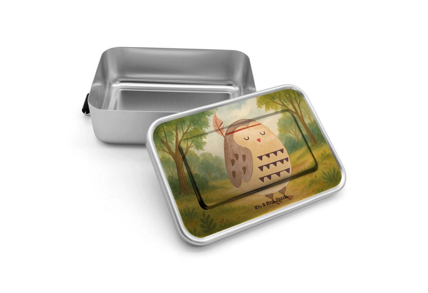 Mr. & Mrs. Panda Butterdose Eule Federschmuck Design - Weiß - Geschenk, Eule Deko, Owl, Brotbox, Premium Aluminium, (Packung, 1-tlg., Eule Federschmuck), Nostalgisches Design von Mr. & Mrs. Panda
