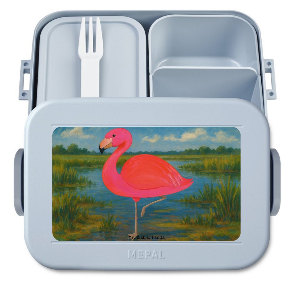 Mr. & Mrs. Panda Butterdose Flamingo Classic Design, MEPAL Bentobox, Blau Pastell, Rosa, Brotdose, Polypropylen lebensmittelecht, (Packung, 1-tlg) von Mr. & Mrs. Panda