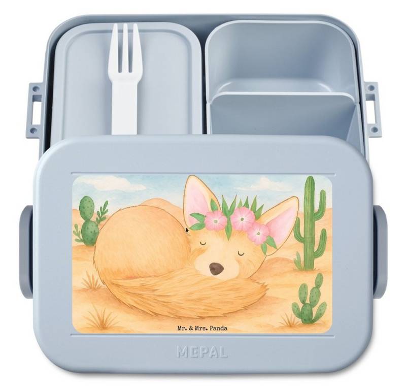Mr. & Mrs. Panda Butterdose Wüstenfuchs Blumen Design, MEPAL Bentobox, Blau Pastell, Afrika, Glüc, Polypropylen lebensmittelecht, (Packung, 1-tlg) von Mr. & Mrs. Panda