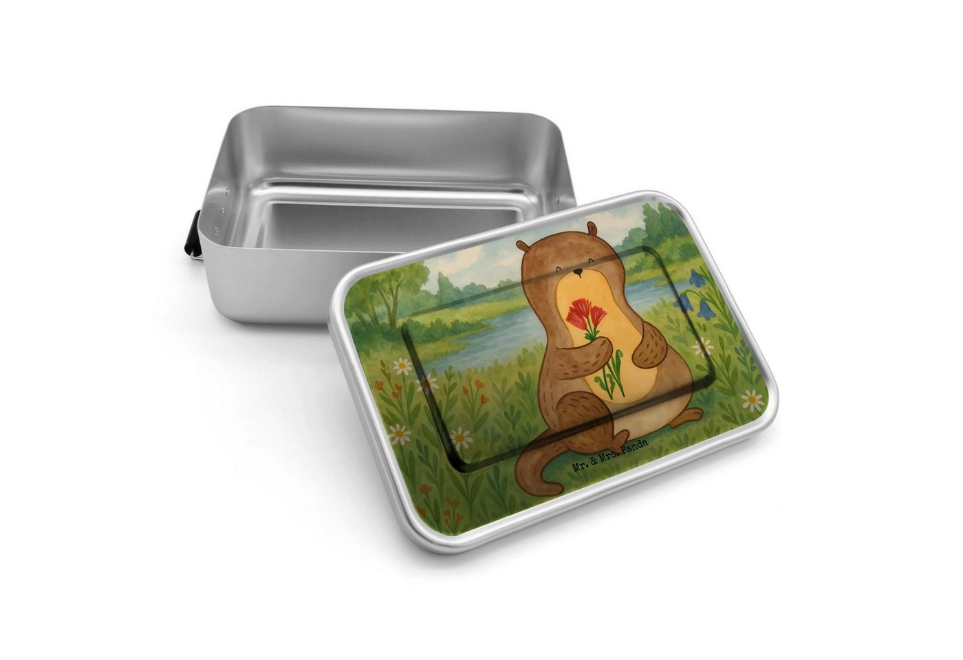 Mr. & Mrs. Panda Butterdose Otter Blumenstrauß Design - Weiß - Geschenk, Brotdose, Brotbox, niedl, Premium Aluminium, (Packung, 1-tlg., Otter Blumenstrauß), Nostalgisches Design von Mr. & Mrs. Panda
