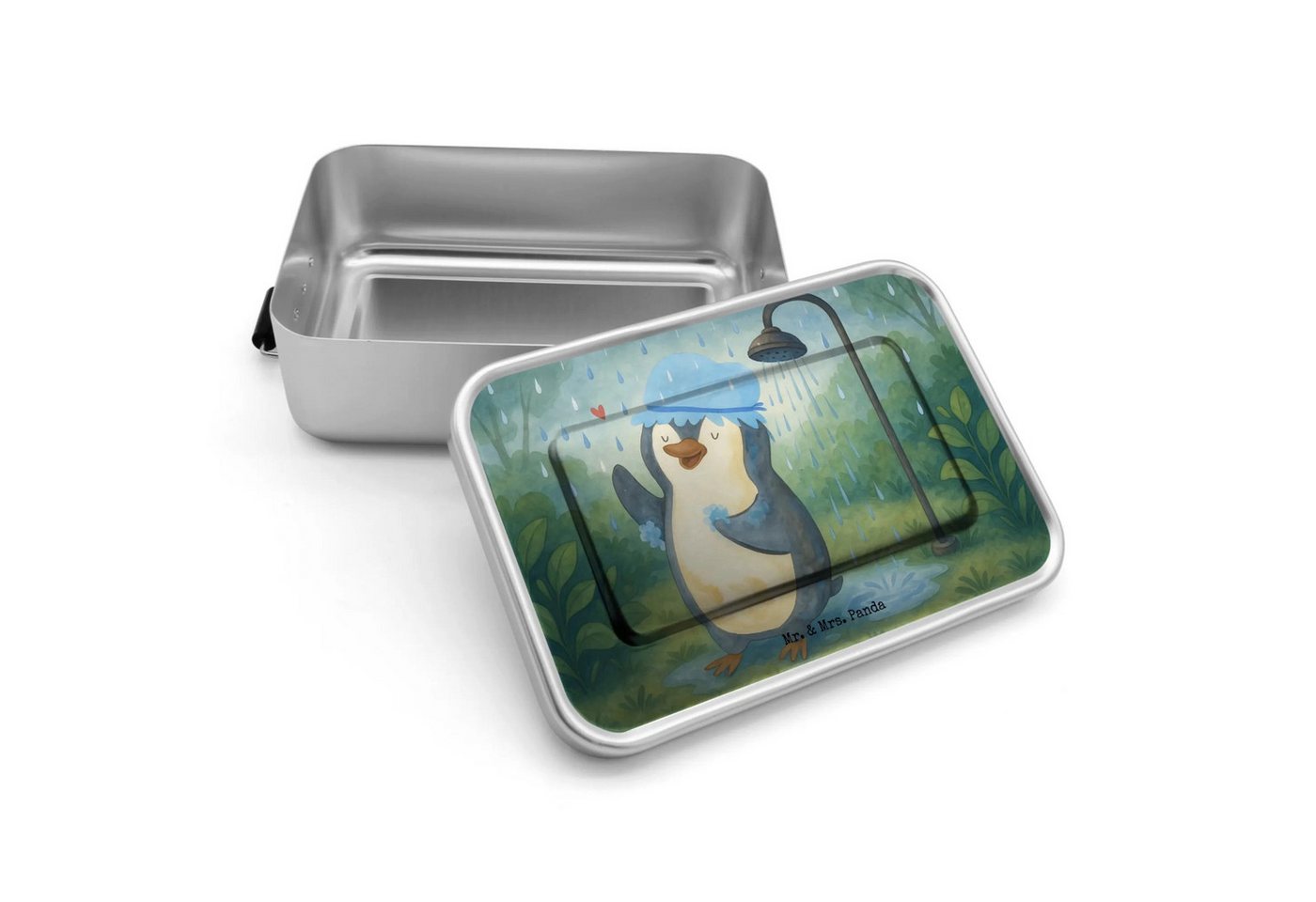 Mr. & Mrs. Panda Butterdose Pinguin Duschen Design - Weiß - Geschenk, Brotdose, Brotbox, glücklic, Premium Aluminium, (Packung, 1-tlg., Pinguin duscht), Nostalgisches Design von Mr. & Mrs. Panda