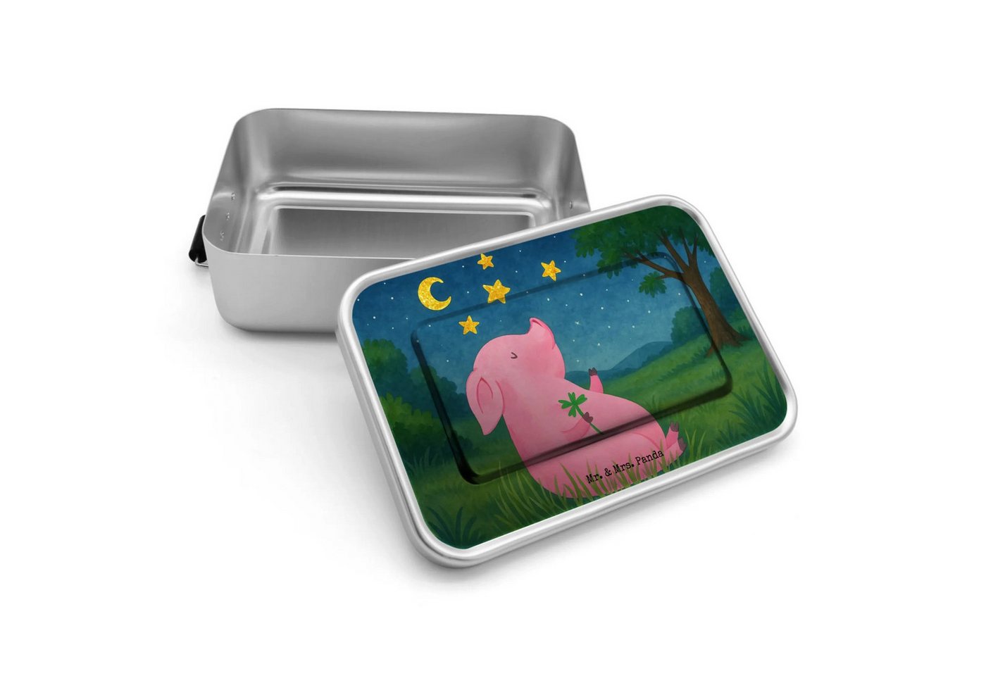 Mr. & Mrs. Panda Butterdose Schwein Glück Design - Weiß - Geschenk, Tiere, Glücksbringer, Brotbox, Premium Aluminium, (Packung, 1-tlg., Glücksschwein), Einzigartige Illustrationen von Mr. & Mrs. Panda