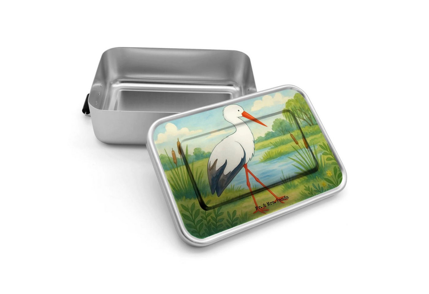 Mr. & Mrs. Panda Butterdose Storch Design - Weiß - Geschenk, lustige Sprüche, Brotbox, Babybauch, Premium Aluminium, (Packung, 1-tlg., Storch), Nostalgisches Design von Mr. & Mrs. Panda