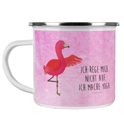 Mr. & Mrs. Panda Camping Emaille Tasse Flamingo Yoga - Geschenk, Camping Tasse Metall, Yoga Urlaub, Emaille Trinkbecher, entspannt, Namaste, von Mr. & Mrs. Panda