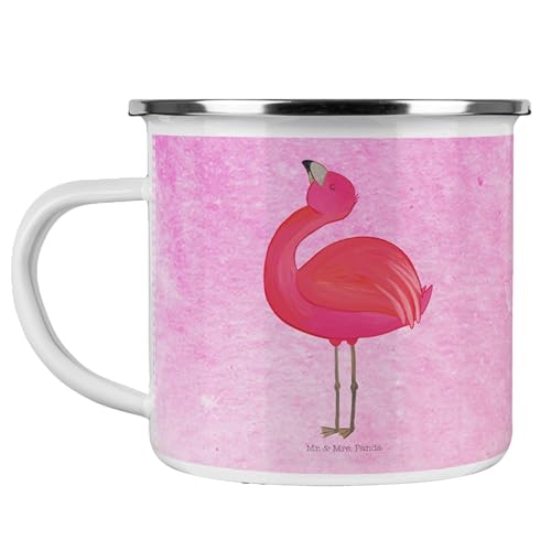 Mr. & Mrs. Panda Camping Emaille Tasse Flamingo Stolz - Geschenk, Edelstahl Trinkbecher, Campingtasse, Emaille Trinkbecher, Kaffee Blechtasse, von Mr. & Mrs. Panda