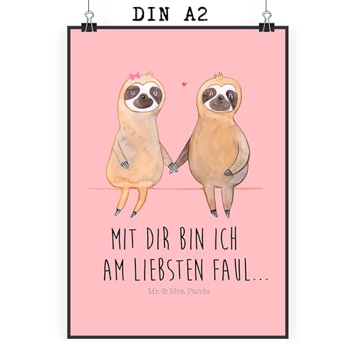 Mr. & Mrs. Panda DIN A2 Poster Faultier Pärchen - Geschenk, verlobt, Faultierliebe, Poster, Faultierpärchen, Liebespaar, relaxen, von Mr. & Mrs. Panda