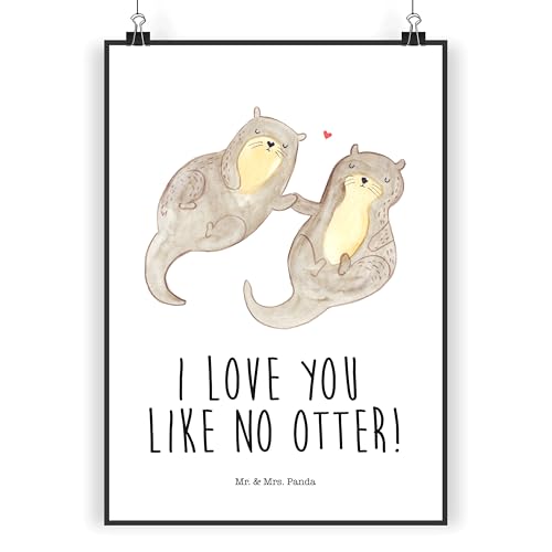 Mr. & Mrs. Panda DIN A3 Poster Otter händchenhaltend - Geschenk, Otter Seeotter See Otter, romantisch, Wanddeko Bild, Poster, von Mr. & Mrs. Panda